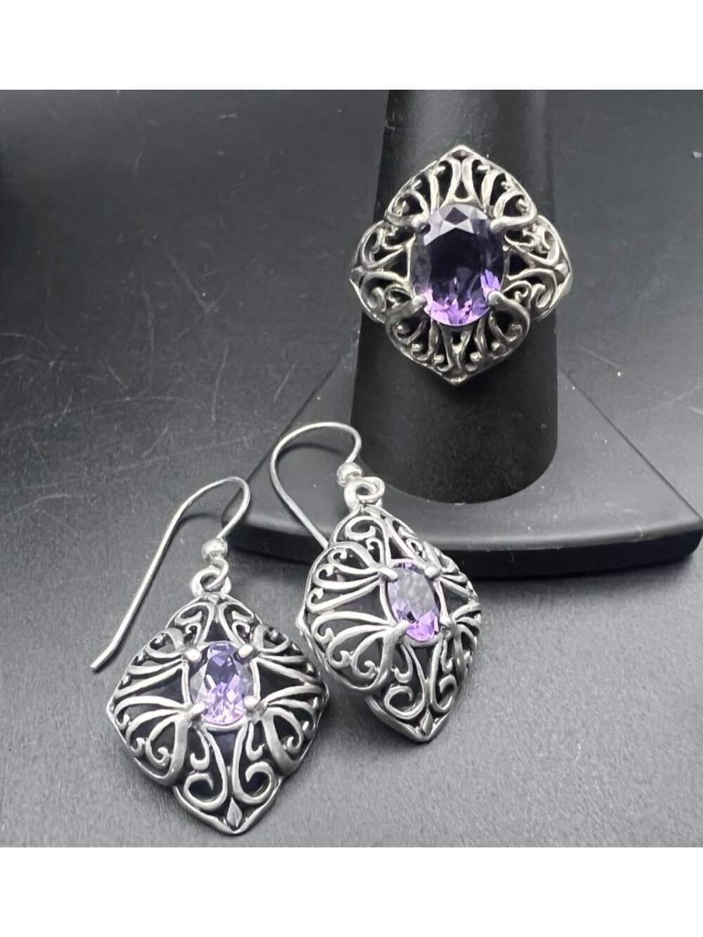 Vintage Kabana Amethyst Sterling Silver Ring Earrings Set Size 10